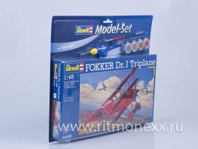 Набор: самолет триплан Fokker Dr.I, 1-ая МВ с клеем, кисточкой и красками