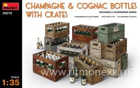 Бутылки коньяка и шампанского с ящиками